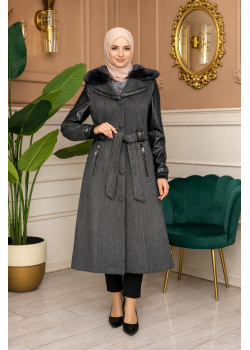 معطف جوخ موهير بأكمام جلد وقبعة فرو 1364 - رمادي