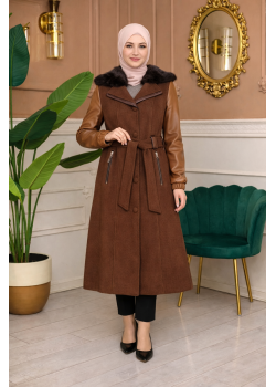 معطف جوخ موهير بأكمام جلد وقبعة فرو 1364 - بني