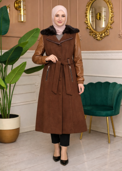 معطف جوخ موهير بأكمام جلد وقبعة فرو 1364 - بني