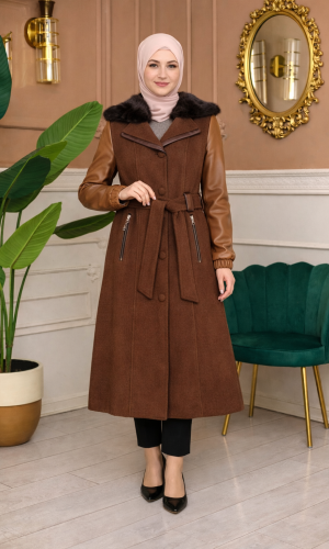 Mohair-Filz Mantel mit Lederärmeln und Fellkapuze 1364 - Braun