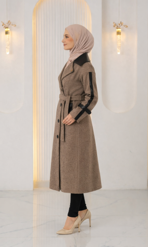 Trenchcoat aus texturiertem Stoff mit Leder-Details und Fellfutter 1394 - Mausgrau