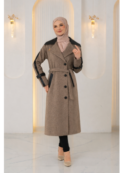 ترانشكوت جوخ محزز بيج بتفاصيل جلدية وبطانة فرو 1394 - شوكو