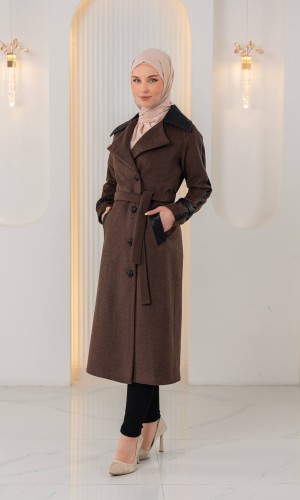 ترانشكوت جوخ محزز بيج بتفاصيل جلدية وبطانة فرو 1394 - بني