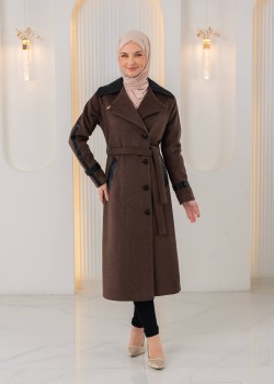 ترانشكوت جوخ محزز بيج بتفاصيل جلدية وبطانة فرو 1394 - بني