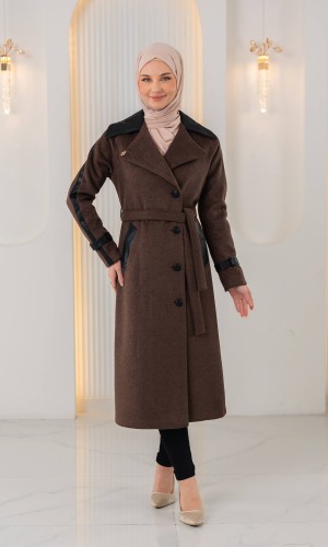 ترانشكوت جوخ محزز بيج بتفاصيل جلدية وبطانة فرو 1394 - بني