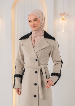 ترانشكوت جوخ محزز بيج بتفاصيل جلدية وبطانة فرو 1394 - بيج