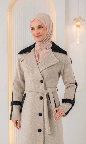 Trenchcoat aus texturiertem Stoff mit Leder-Details und Fellfutter 1394 - Beige