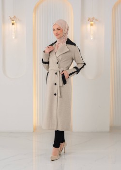 ترانشكوت جوخ محزز بيج بتفاصيل جلدية وبطانة فرو 1394 - بيج