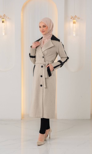 Trenchcoat aus texturiertem Stoff mit Leder-Details und Fellfutter 1394 - Beige