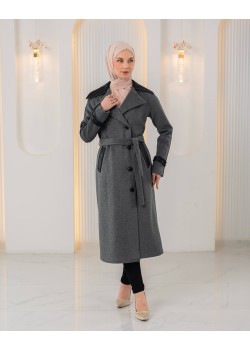 ترانشكوت جوخ محزز بيج بتفاصيل جلدية وبطانة فرو 1394 - فضي