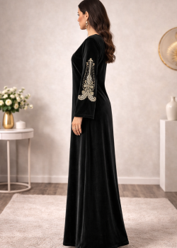 Embroidered Velvet Galabiyya with Modern Design 301  - black
