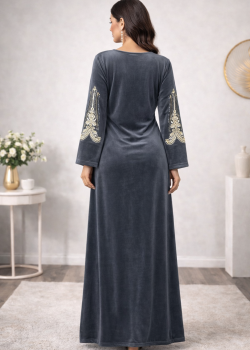 Embroidered Velvet Galabiyya with Modern Design 301  - gray