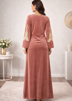 Embroidered Velvet Galabiyya with Modern Design 301  - powder pink/ dusty pink