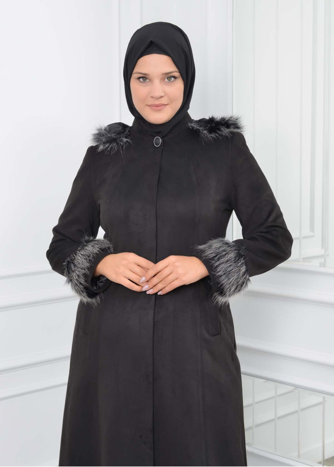 مانطو نسائي شاموا شتوي مع كبيشون قابل للإزالة 1301 Siyah