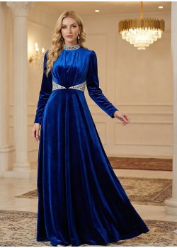 Royal Blue Velvet Evening Gown with Crystal Details 4002  - blue