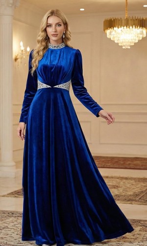 Royal Blue Velvet Evening Gown with Crystal Details 4002  - blue