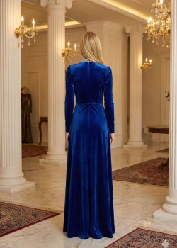 Royal Blue Velvet Evening Gown with Crystal Details 4002  - blue
