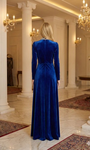 Royal Blue Velvet Evening Gown with Crystal Details 4002  - blue
