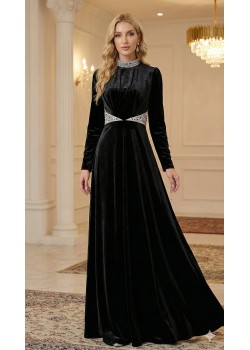 فستان سهرة مخمل أزرق ملكي بتفاصيل كريستالية 4002  - اسود