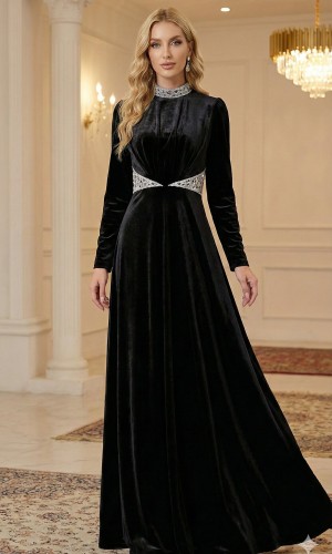 Royal Blue Velvet Evening Gown with Crystal Details 4002  - black