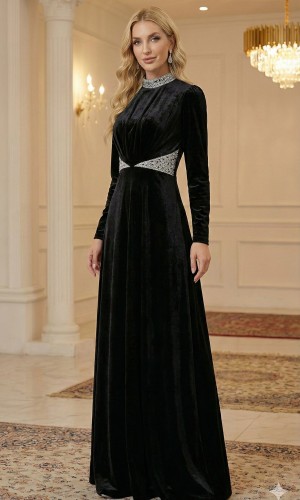 Royal Blue Velvet Evening Gown with Crystal Details 4002  - black