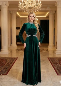 فستان سهرة مخمل أزرق ملكي بتفاصيل كريستالية 4002  - زيتي