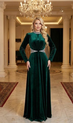 فستان سهرة مخمل أزرق ملكي بتفاصيل كريستالية 4002  - زيتي