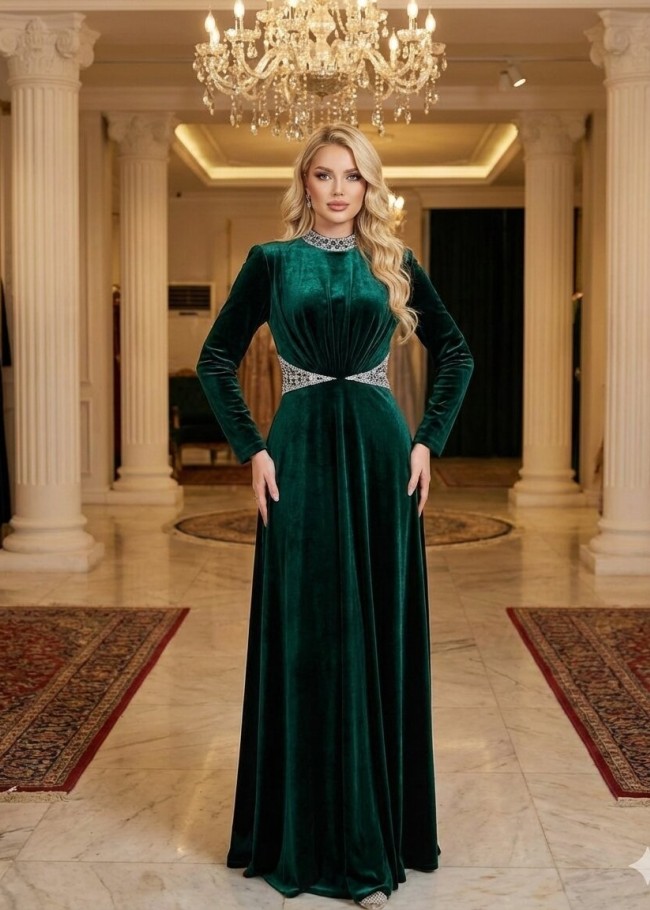 4002 فستان مخمل  - زيتي