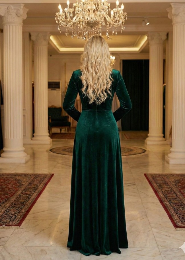 4002 فستان مخمل  - زيتي