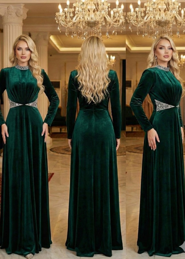 4002 فستان مخمل  - زيتي