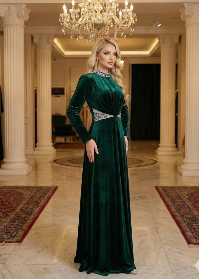 4002 فستان مخمل  - زيتي