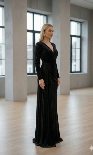 Purple Velvet Evening Gown with Pearl Embellishments 4004  - black