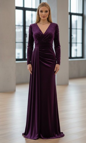 فستان سهرة مخمل بنفسجي بتطريز لؤلؤي وقصة درابية 4004  - موف