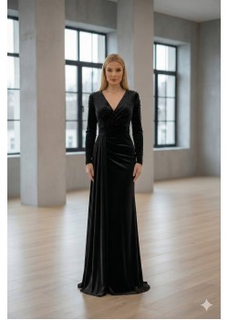 فستان سهرة مخمل بنفسجي بتطريز لؤلؤي وقصة درابية 4004  - اسود