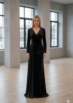 فستان سهرة مخمل بنفسجي بتطريز لؤلؤي وقصة درابية 4004  - اسود