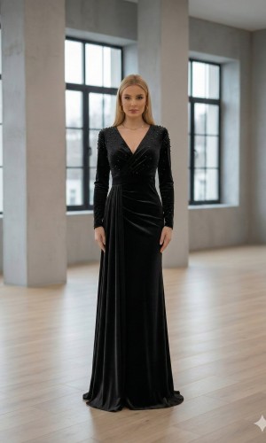 Purple Velvet Evening Gown with Pearl Embellishments 4004  - black