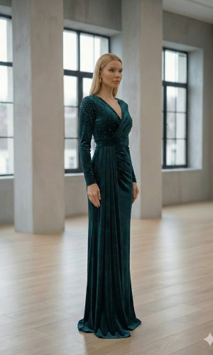 Purple Velvet Evening Gown with Pearl Embellishments 4004  - khaki