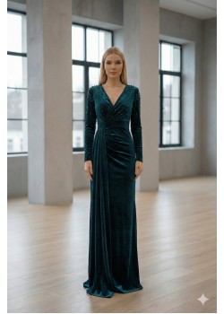 فستان سهرة مخمل بنفسجي بتطريز لؤلؤي وقصة درابية 4004  - زيتي