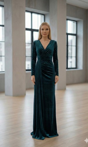 Purple Velvet Evening Gown with Pearl Embellishments 4004  - khaki