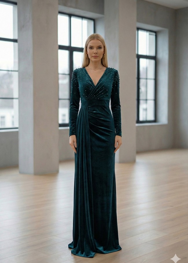 4004 فستان مخمل  - khaki