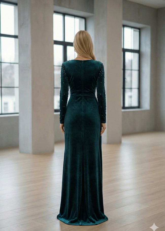 4004 فستان مخمل  - khaki