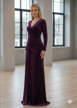 فستان سهرة مخمل بنفسجي بتطريز لؤلؤي وقصة درابية 4004  - موف