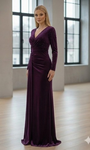 فستان سهرة مخمل بنفسجي بتطريز لؤلؤي وقصة درابية 4004  - موف
