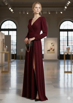 فستان سهرة براق بفتحة جانبية جذابة 4006  - خمري