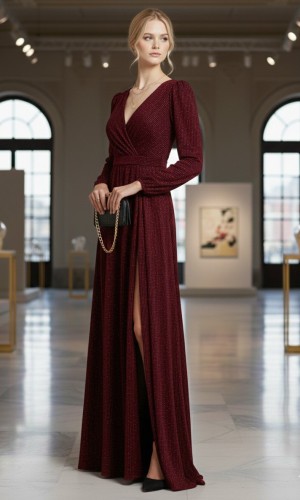Shimmer Evening Gown with High Slit 4006  - burgundy