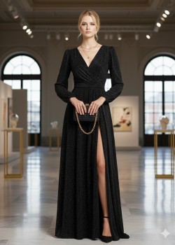 فستان سهرة براق بفتحة جانبية جذابة 4006  - اسود