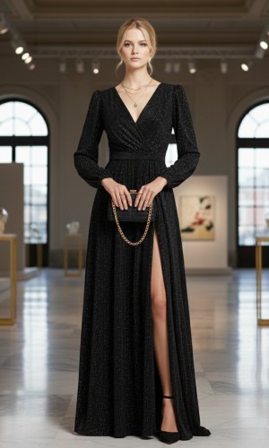 Shimmer Evening Gown with High Slit 4006  - black