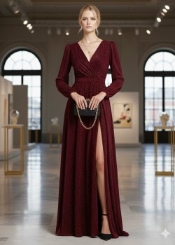 فستان سهرة براق بفتحة جانبية جذابة 4006  - خمري