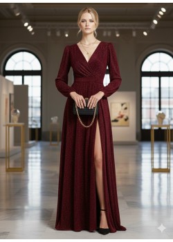 فستان سهرة براق بفتحة جانبية جذابة 4006  - خمري