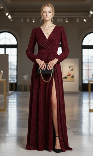Shimmer Evening Gown with High Slit 4006  - burgundy